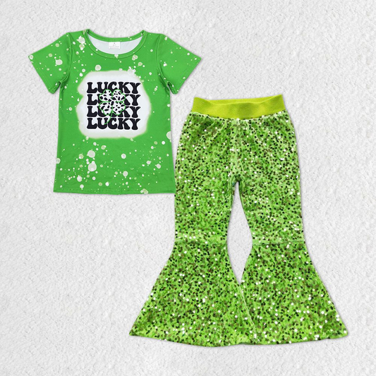 GSPO1298 Green letter short-sleeved fluorescent green sequined trousers suit