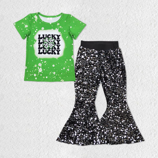 GSPO1299 baby girls Green short-sleeved black sequined flared pants suit