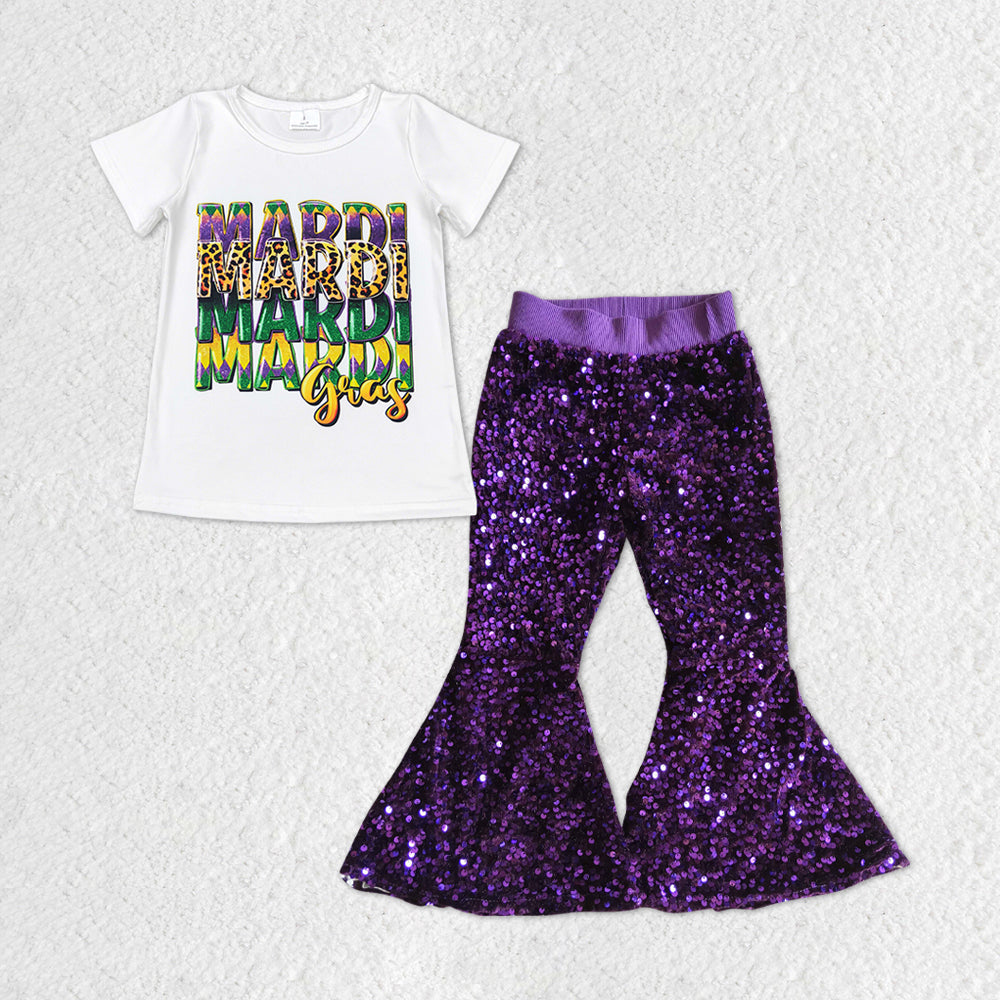 girl 2pcs mardi gras purple sequins pants set outfit
