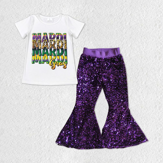GSPO1326 Baby Girls Mardi Gras White Tee Top Purple Sequin Bell Pants Clothes Sets