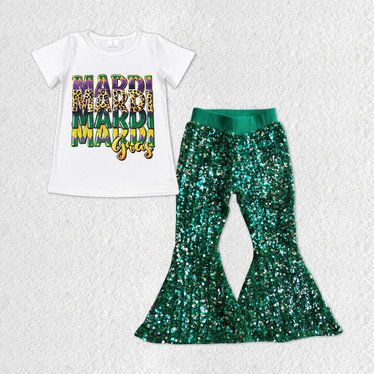 GSPO1327 Baby Girls Mardi Gras White Tee Top Green Sequin Bell Pants Clothes Sets