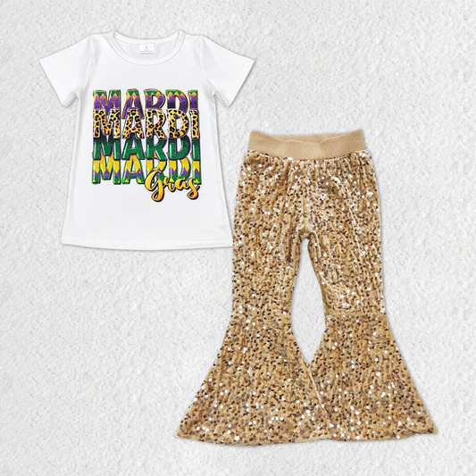 GSPO1328  Baby Girls Mardi Gras White Tee Top Golden Sequin Bell Pants Clothes Sets