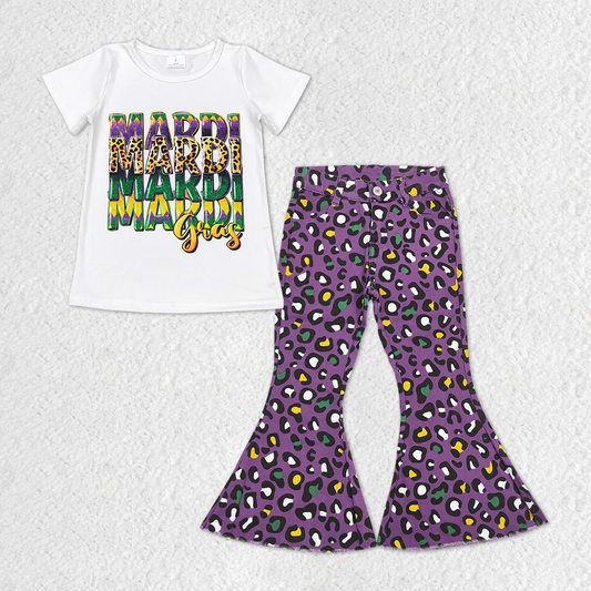 GSPO1329 Baby Girls Mardi Gras Shirt Holiday Purple Leopard Denim Jeans Pants Clothes Sets