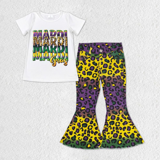 GSPO1330 Baby Girls Mardi Gras Shirt Purple Leopard Denim Jeans Pants Clothes Sets