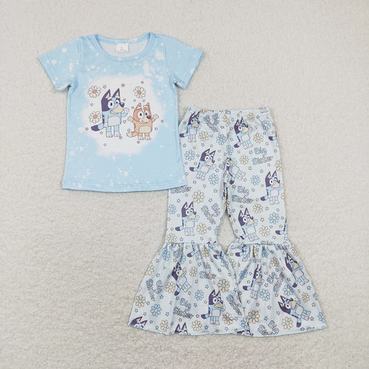 GSPO1336 cartoon dog big sister letter flower blue short-sleeved trousers suit