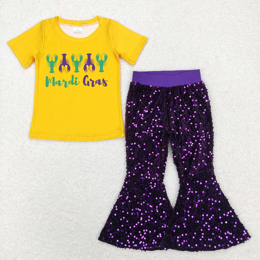 GSPO1356 BABY GIRL CLOTHES GIRL MARDI GRAS OUTFIT TODDLER PURPLE SEQUIN PANT SET BIRTHDAY PARTY WEAR
