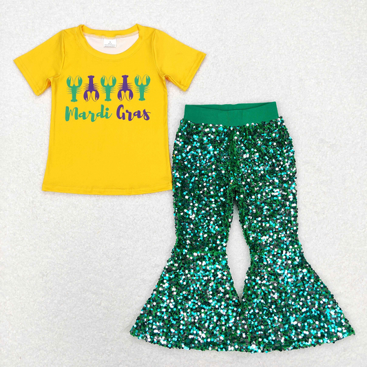 GSPO1357 BABY GIRL CLOTHES GIRL MARDI GRAS OUTFIT TODDLER GREEN SEQUIN PANT SET BIRTHDAY PARTY WEAR