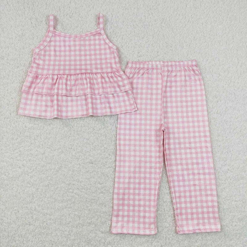 GSPO1380 Pink and white plaid lace suspender trousers suit