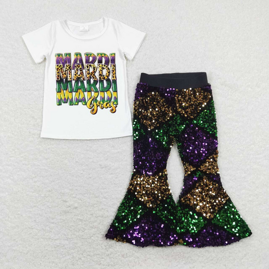 GSPO1383 White short-sleeved purple, yellow and green diamond plaid sequined trousers suit with letters