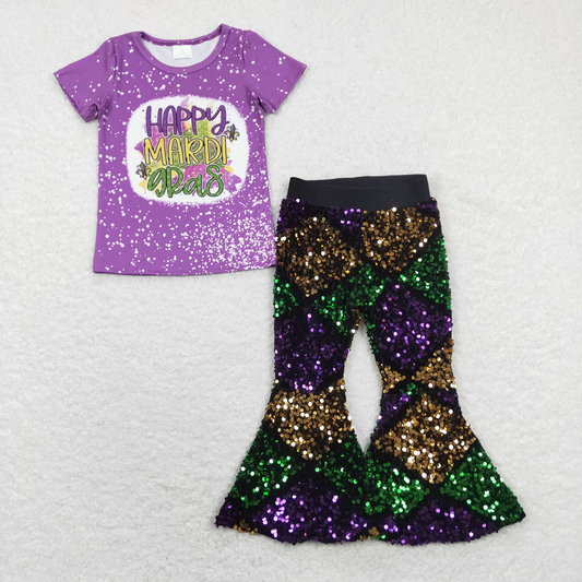GSPO1384 happy mardi gras purple short sleeve purple yellow green diamond plaid sequined trousers suit