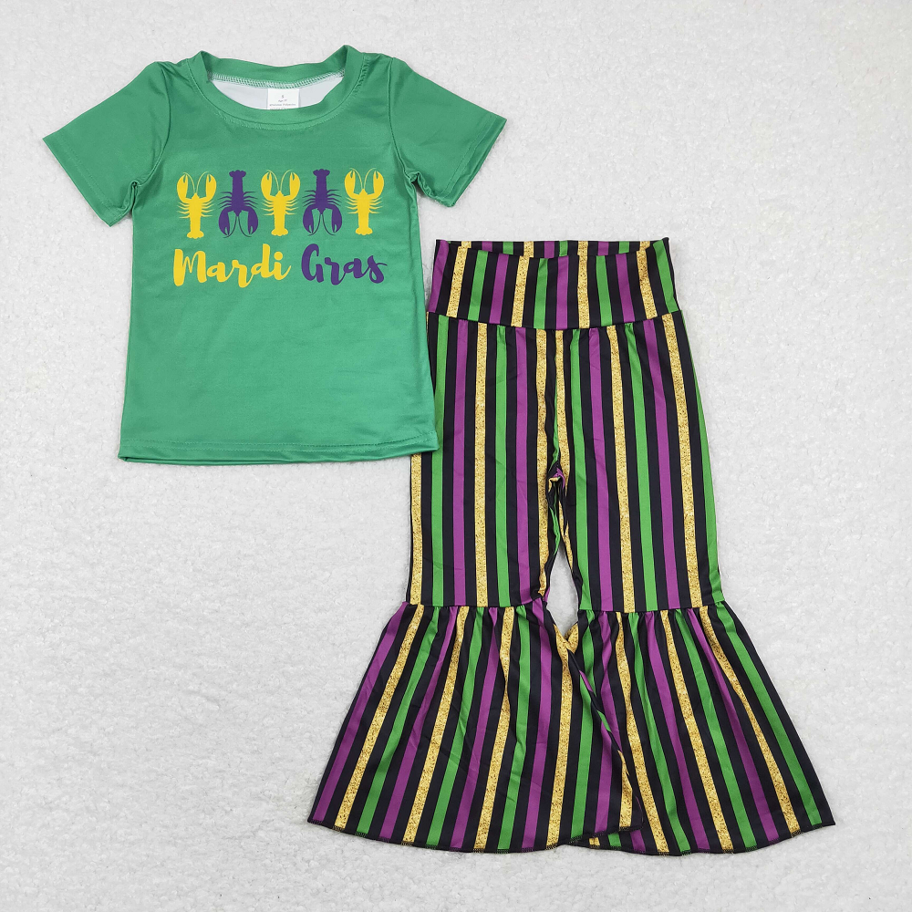 GSPO1391 Green short-sleeved purple, green, black and gold striped trousers suit