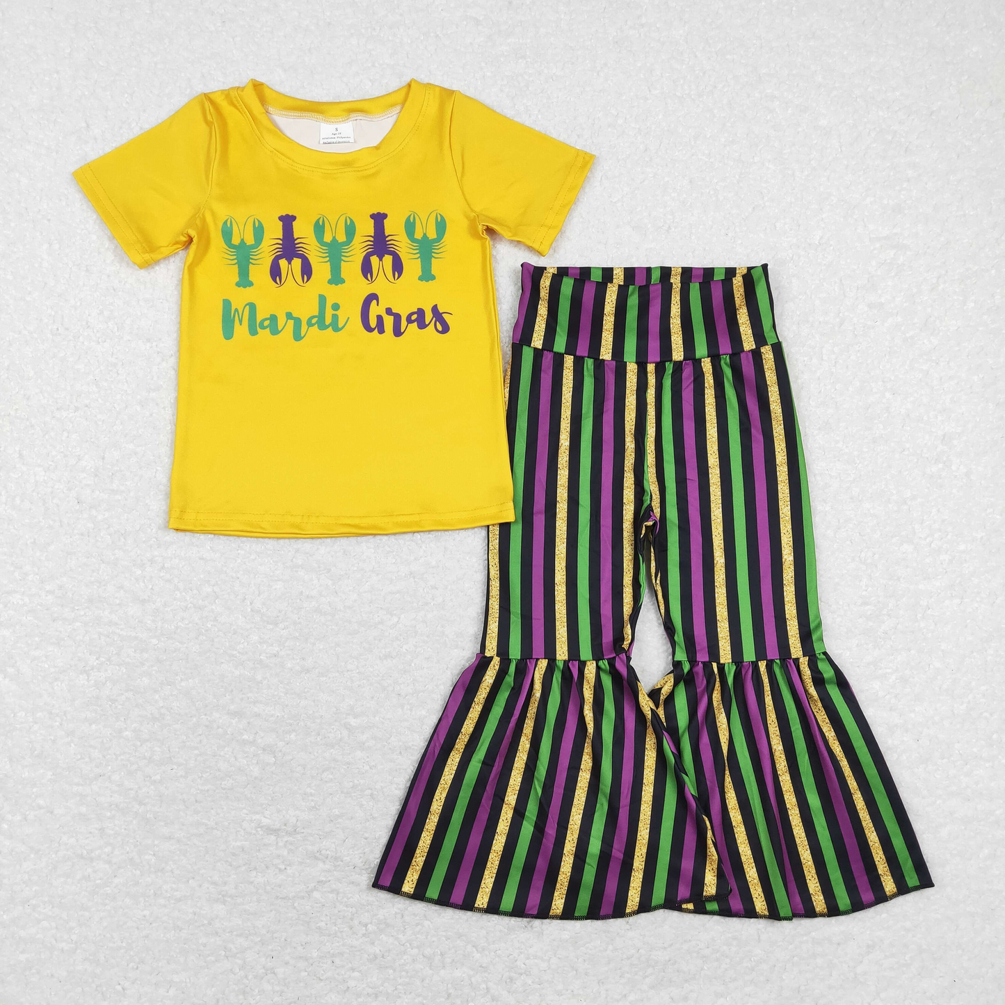 GSPO1392 Yellow short-sleeved purple, green, black and gold striped trousers suit