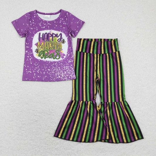 GSPO1393 Purple short-sleeved purple, green, black and gold striped trousers suit