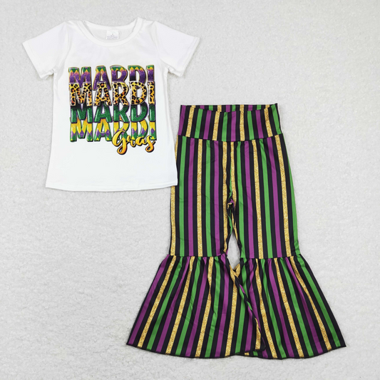 GSPO1394 White short-sleeved purple, green, black and gold striped trousers suit with letters