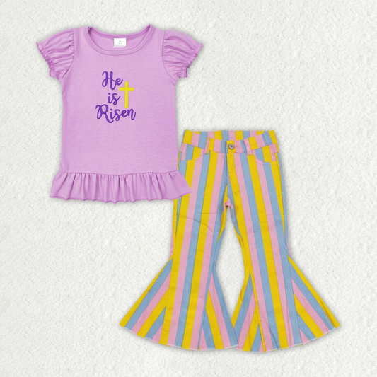 GSPO1407 Purple lantern sleeve short-sleeved light blue and yellow striped denim trousers suit