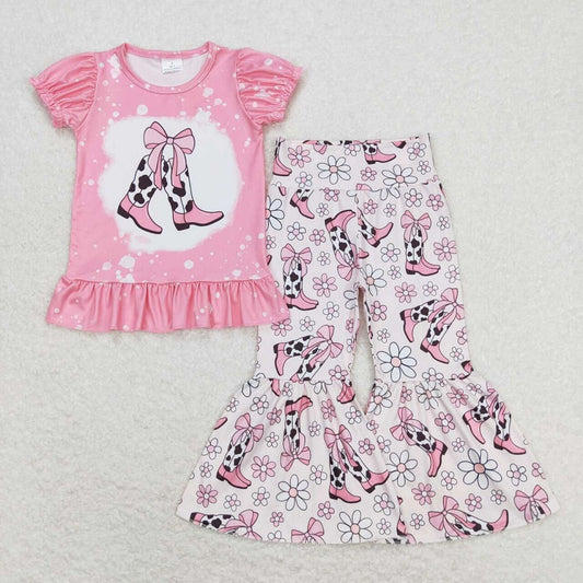 GSPO1443 Bow boots pink short-sleeved floral trousers suit