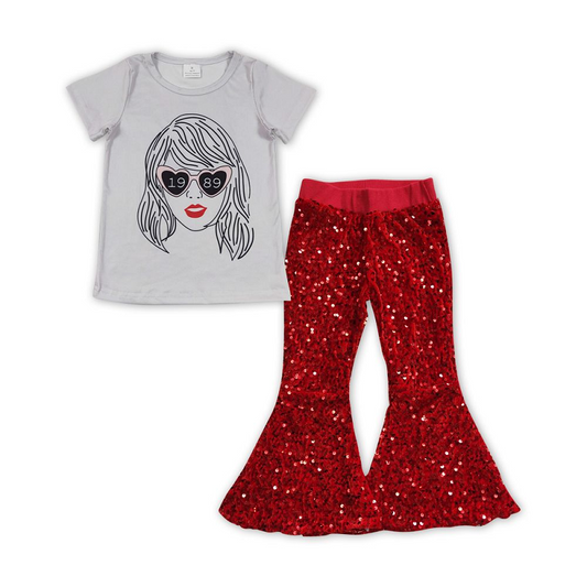 GSPO1457 Baby Girls Grey Singer Short Sleeve Tee Shirt Red Sequin Flare Pants Clothes Sets