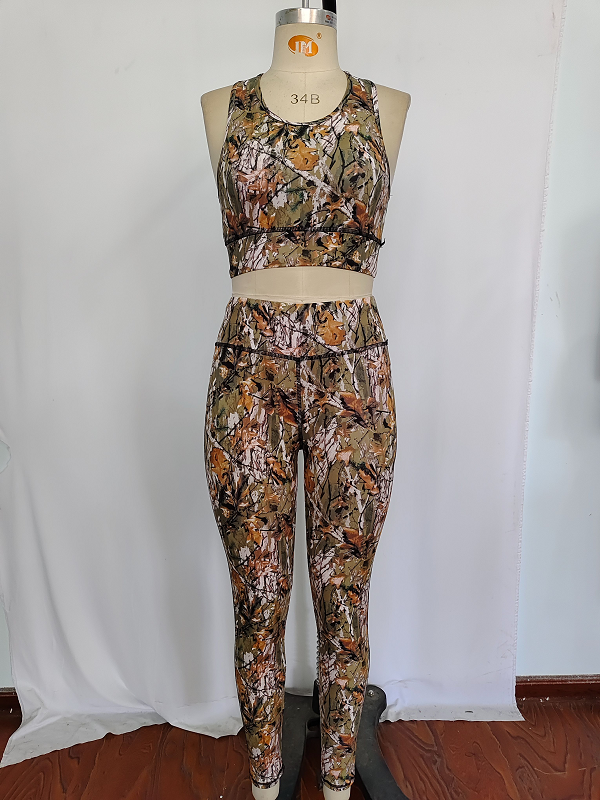GSPO1460 Adult women's branch and leaf pattern sleeveless trousers yoga suit