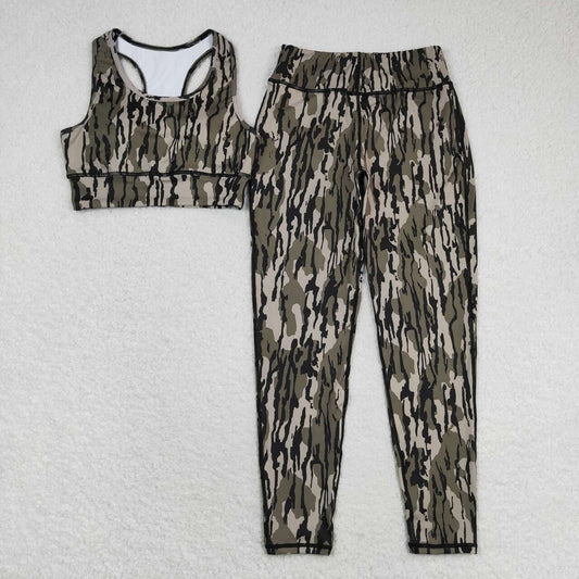 GSPO1461 Adult women's brown and green camouflage sleeveless pants yoga suit
