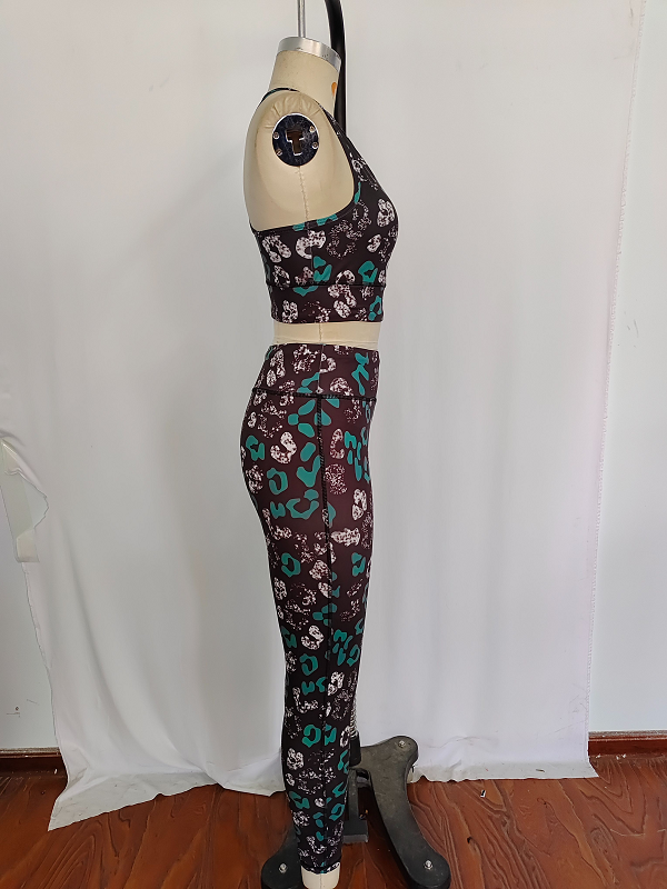 GSPO1462 Adult women leopard print black sleeveless pants yoga suit