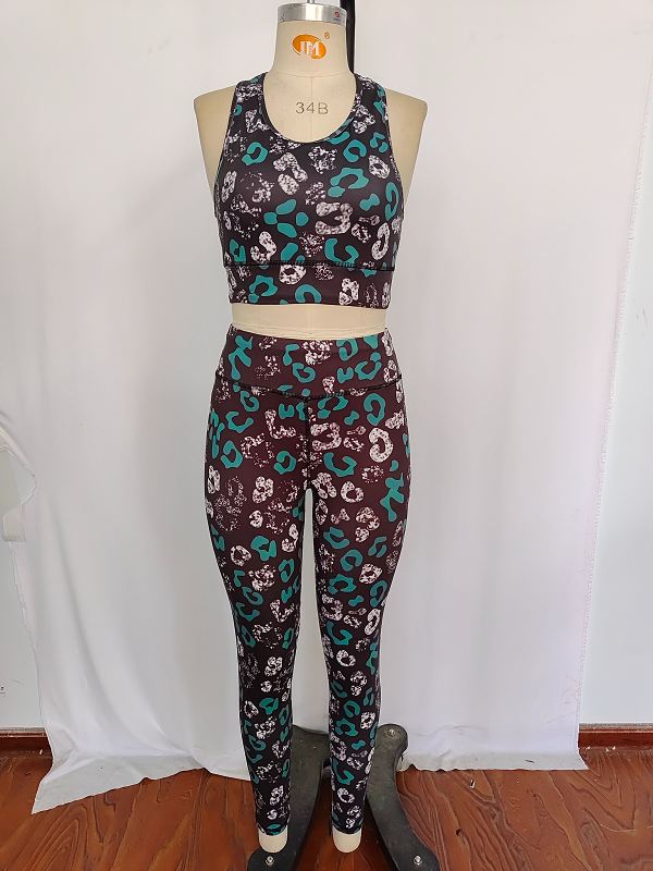 GSPO1462 Adult women leopard print black sleeveless pants yoga suit