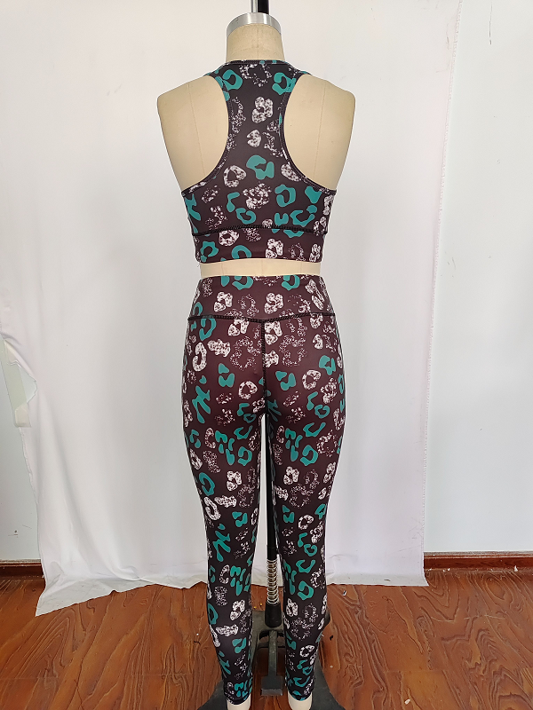 GSPO1462 Adult women leopard print black sleeveless pants yoga suit