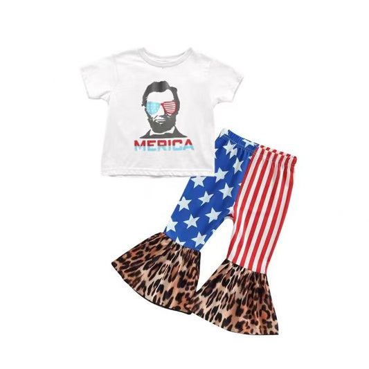 preorder GSPO1490 Baby Girls America President Bell Bottom Pants Set