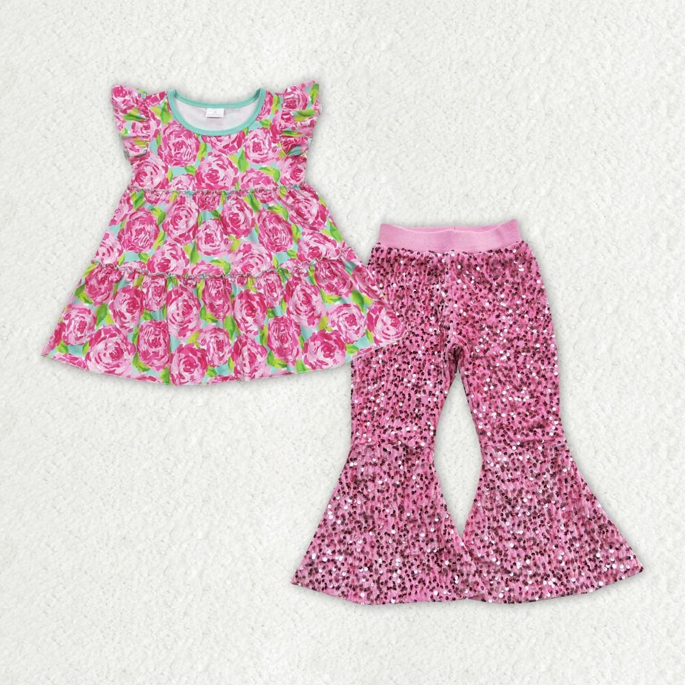 GSPO1500 BABY GIRL CLOTHES PINK FLOWER GIRL SEQUIN BELL BOTTOM PANT SET