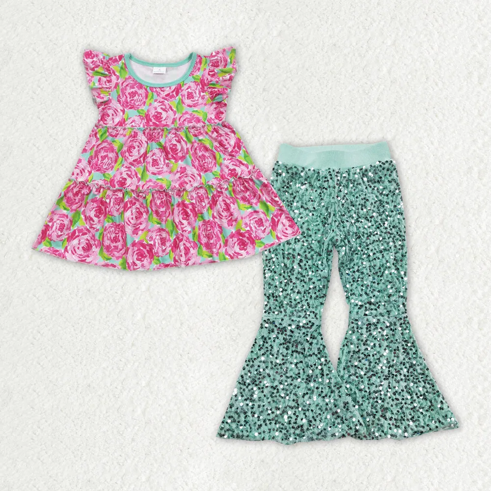 GSPO1501 BABY GIRL CLOTHES PINK FLOWER GIRL SEQUIN BELL BOTTOM PANT SET