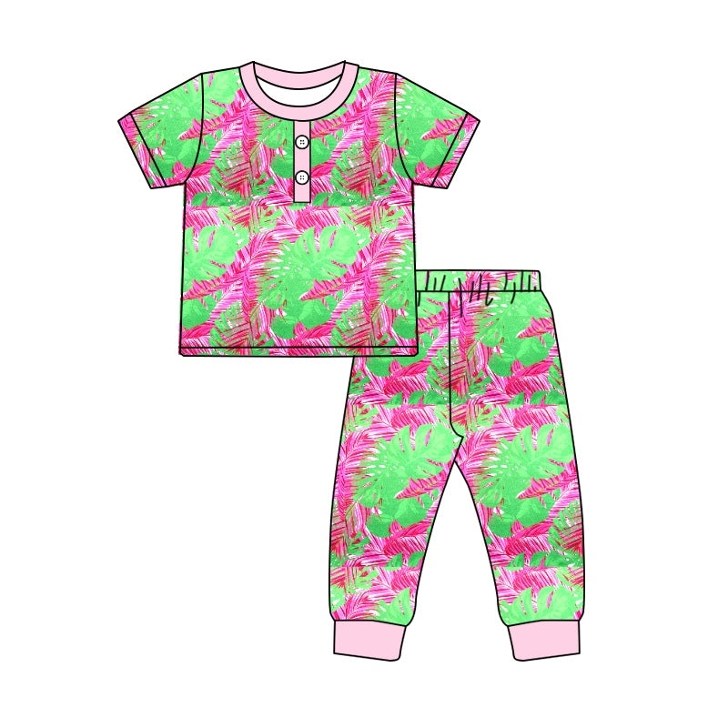 presale GSPO1514 Adult women's leaf pink green short-sleeved trousers pajama set