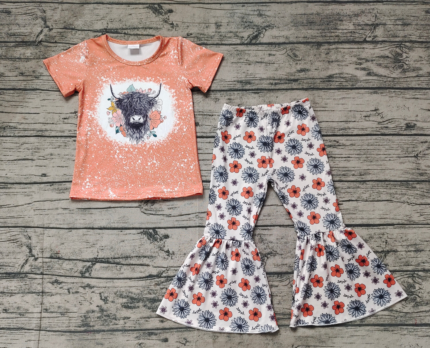 GSPO1525 Flower Mountain Bull Head Brown Short Sleeve Long Pants Set