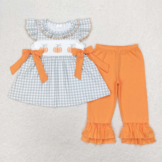 GSPO1533 Pumpkin orange bow green plaid flying sleeve trousers suit D 6.18