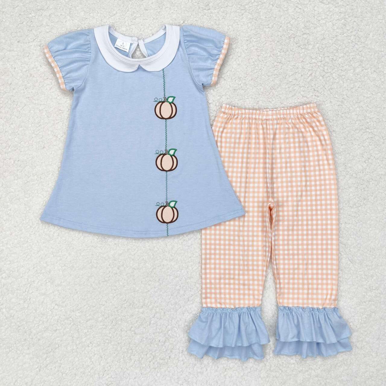 GSPO1534 Pumpkin doll collar blue short-sleeved orange plaid trousers suit