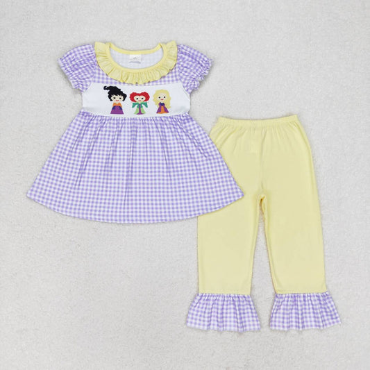 GSPO1535 Witch Purple Plaid Short Sleeve Yellow Pants Suit