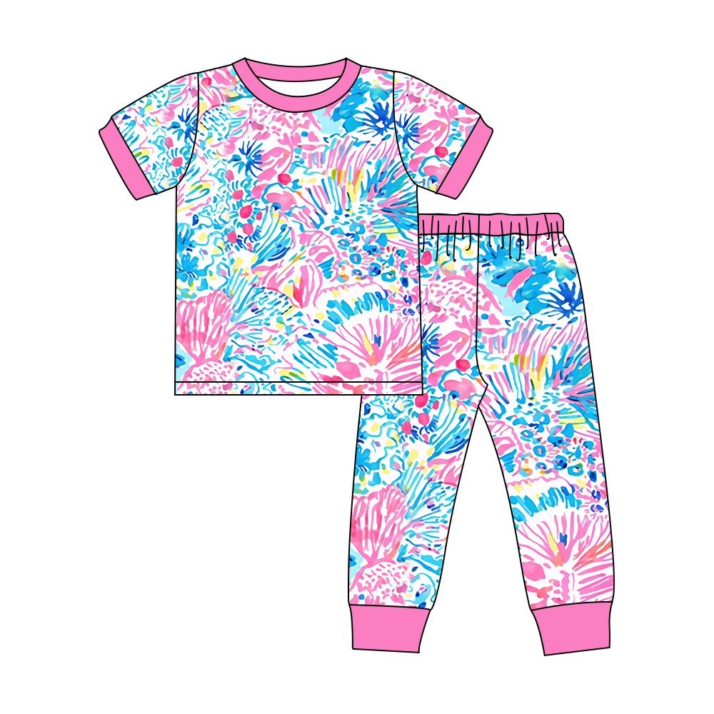 GSPO1550 Seaweed Pink White Short Sleeve Long Pants Pajama Set