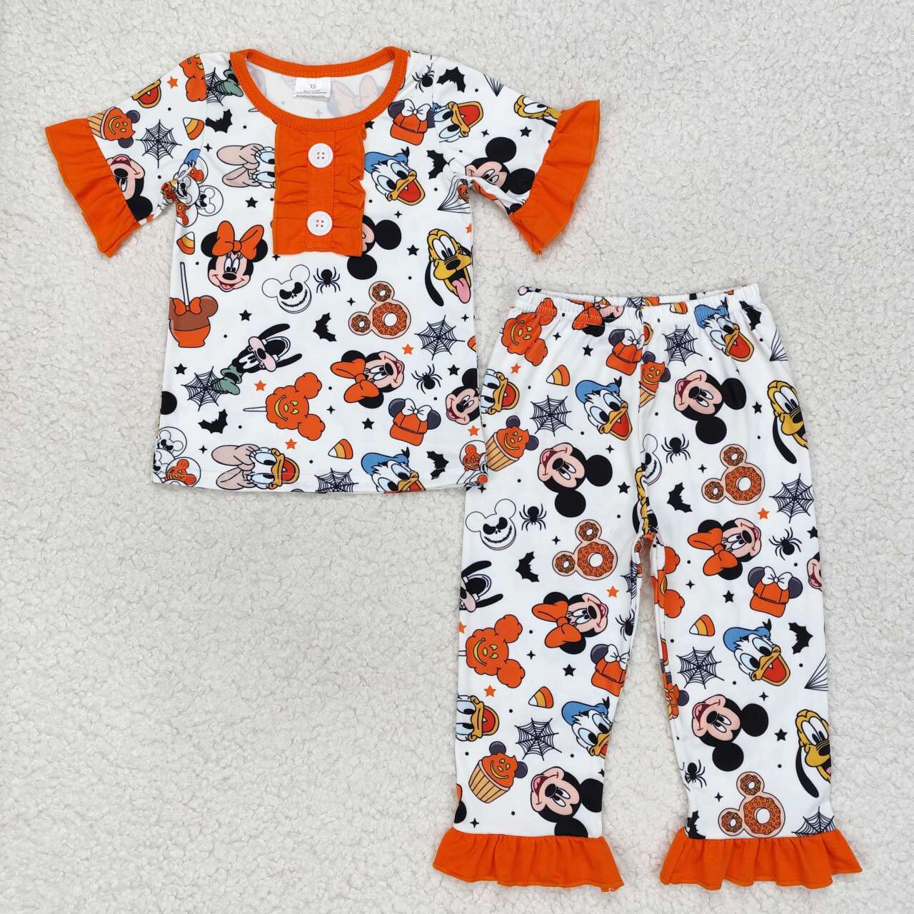 GSPO1552 Donut Spider Bat Orange and White Lace Short Sleeve Long Pants Pajama Set