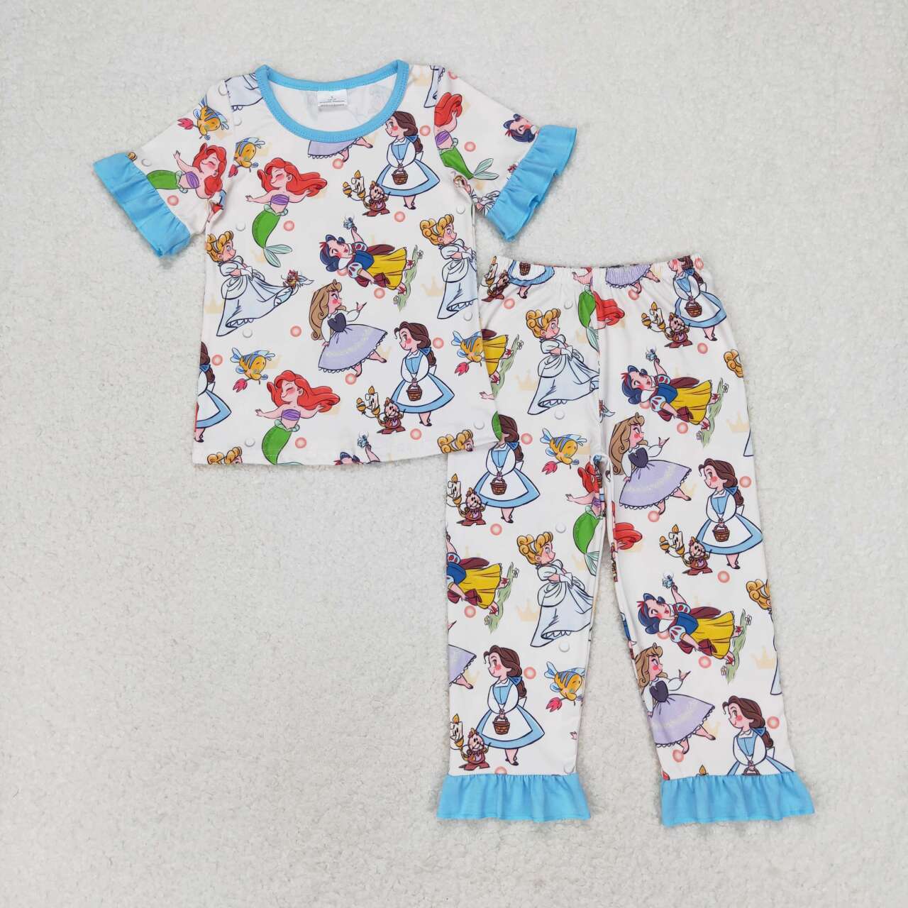 GSPO1556 Cartoon Princess Blue Lace Short Sleeve Long Pants Pajama Set