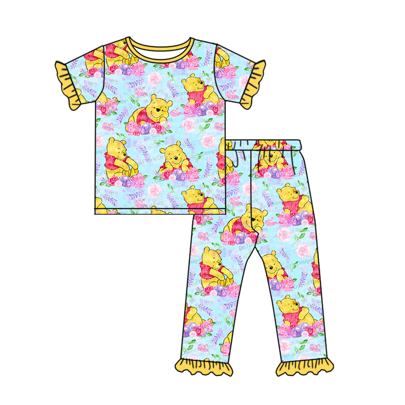 presale GSPO1557 Cartoon flower yellow lace blue short-sleeved trousers pajama set