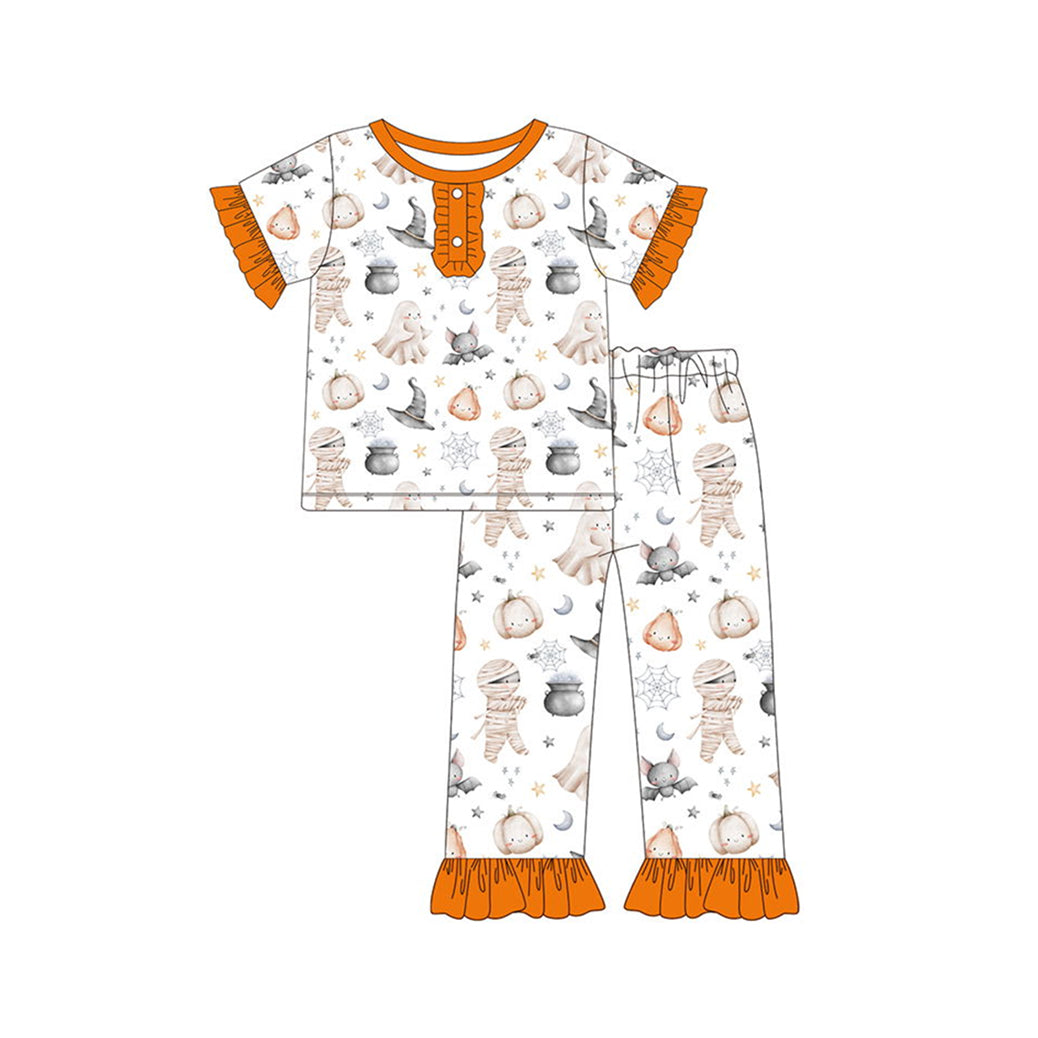 presale GSPO1560 Mummy Bat Ghost Pumpkin Orange White Lace Short Sleeve Long Pants Pajama Set