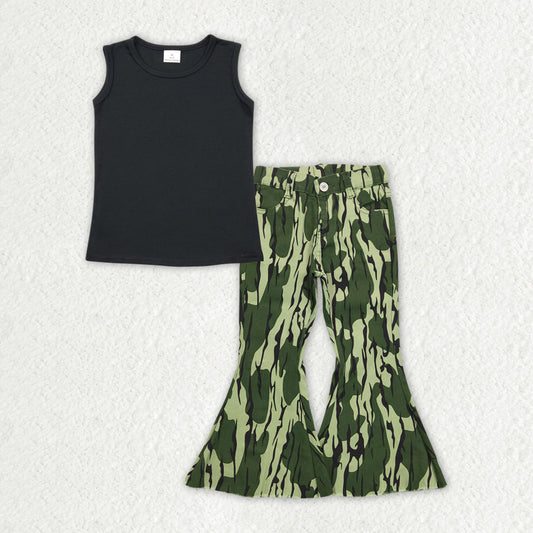GSPO1562  Pure black sleeveless top and camouflage army green denim pants suit