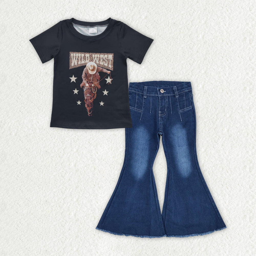 GSPO1563 WILD WEST riding black short-sleeved raw edge bleached blue bootcut denim trousers suit
