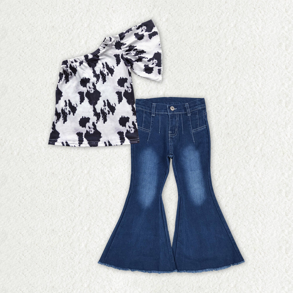 GSPO1564 Ink pattern single sleeve top raw edge bleached blue bootcut denim trousers suit