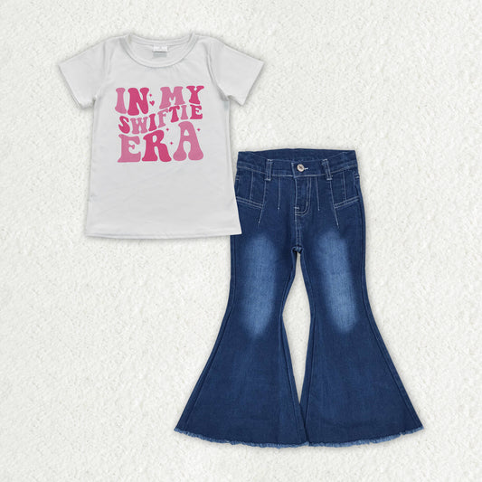GSPO1565 Lettered white short-sleeved raw edge bleached blue bootcut denim trousers suit