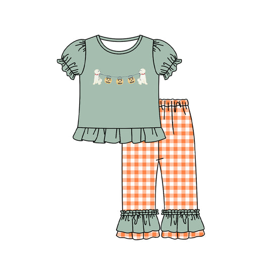 presale GSPO1568 Halloween Pumpkin Lantern Puppy Teal Lace Short Sleeve Orange Plaid Pants Suit