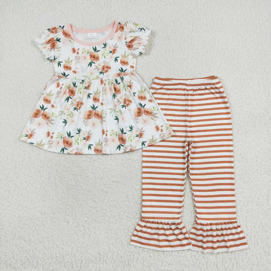 GSPO1570 Floral white short-sleeved orange striped trousers suit