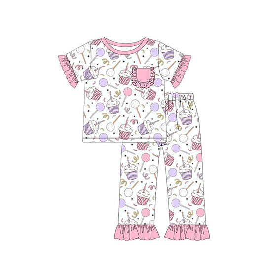 presale GSPO1575 Birthday Candle Cake Pink Lace Pocket Short Sleeve Long Pants Pajama Set