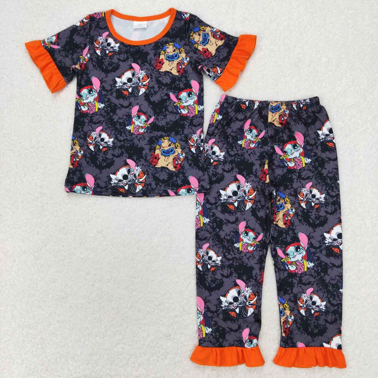 GSPO1580 Halloween Bat Orange Lace Black Gray Short Sleeve Long Pants Pajama Set