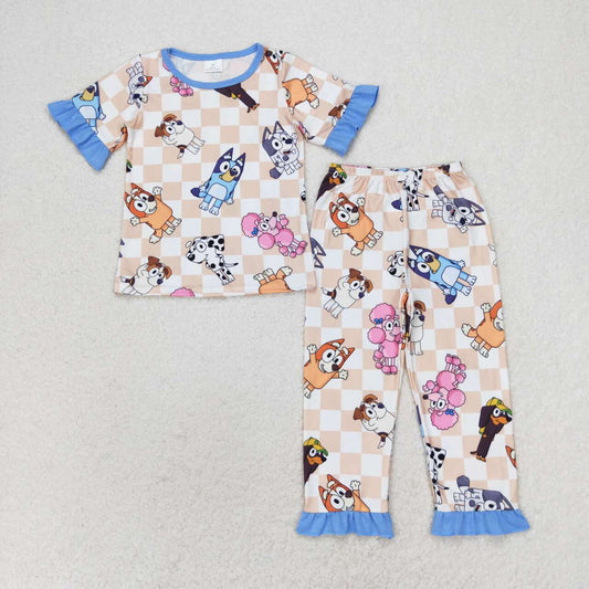GSPO1581 Plaid blue lace short-sleeved trousers pajama set