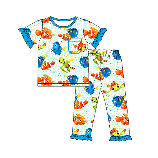 presale GSPO1582 Cartoon turtle and fish blue lace short-sleeved trousers pajama set