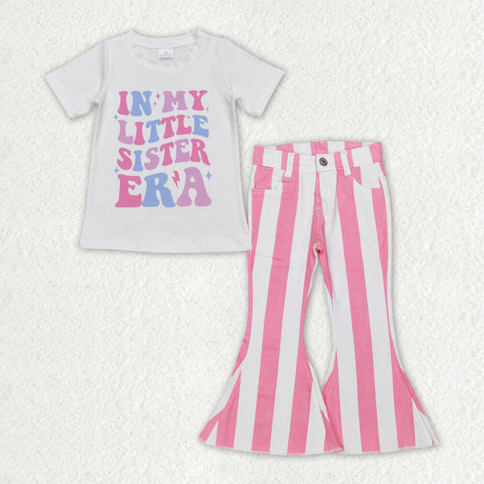 GSPO1595 Baby Girls Little Sister Shirt Top Stripes Denim Jeans Pants Clothes Sets